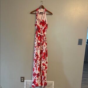 Chetta B Cream Maxi Dress with Red Floral Print